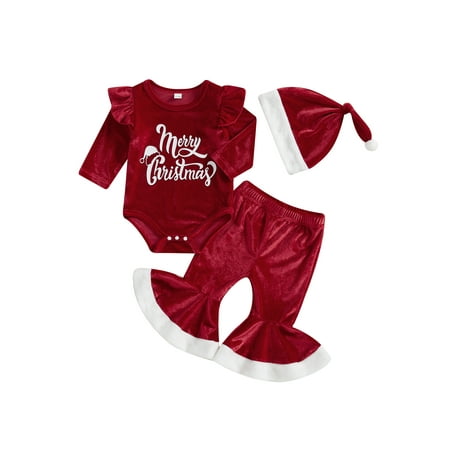 

Merry Christmas Baby Girl Outfit Ruffle Long Sleeve Romper Top+Flare Pants+Santa Hat Velvet Xmas Clothes 3Pcs