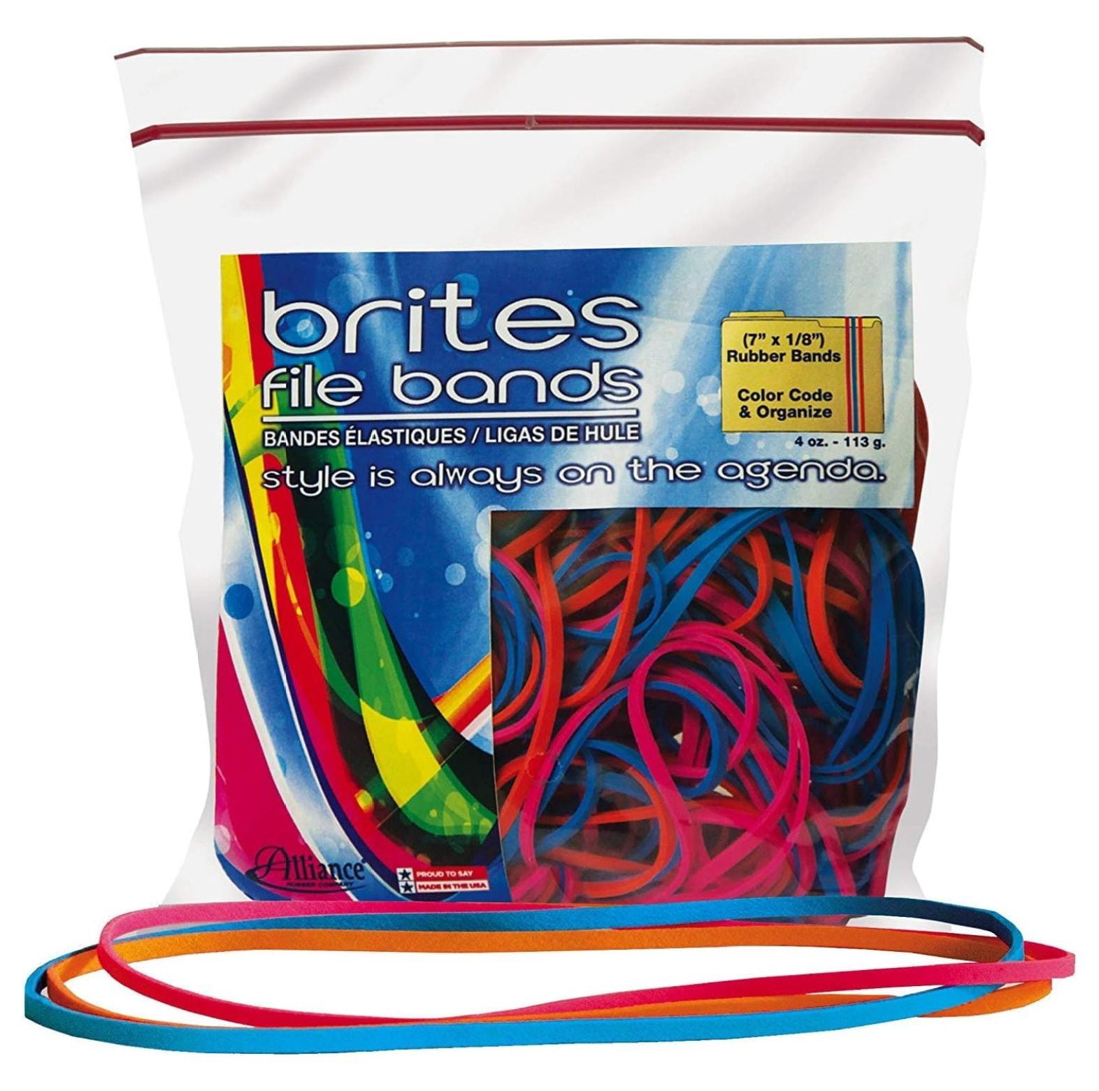 Alliance Rubber 07800 Non-Latex Brites File Bands, Colored Elastic Bands, 200-Count (7" x 1/8", Assorted Bright Colors in Resealable Bag)