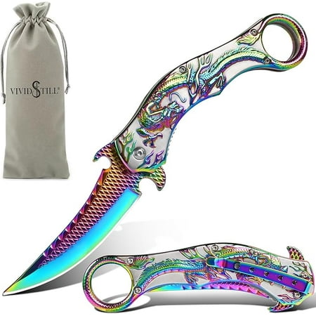 Pocket Knife for Men Cool Folding Knife With Embossed 3D Dragon Relief Great Gift Edc Knife For Men Outdoor Survival Camping Hiking (Rainbow)