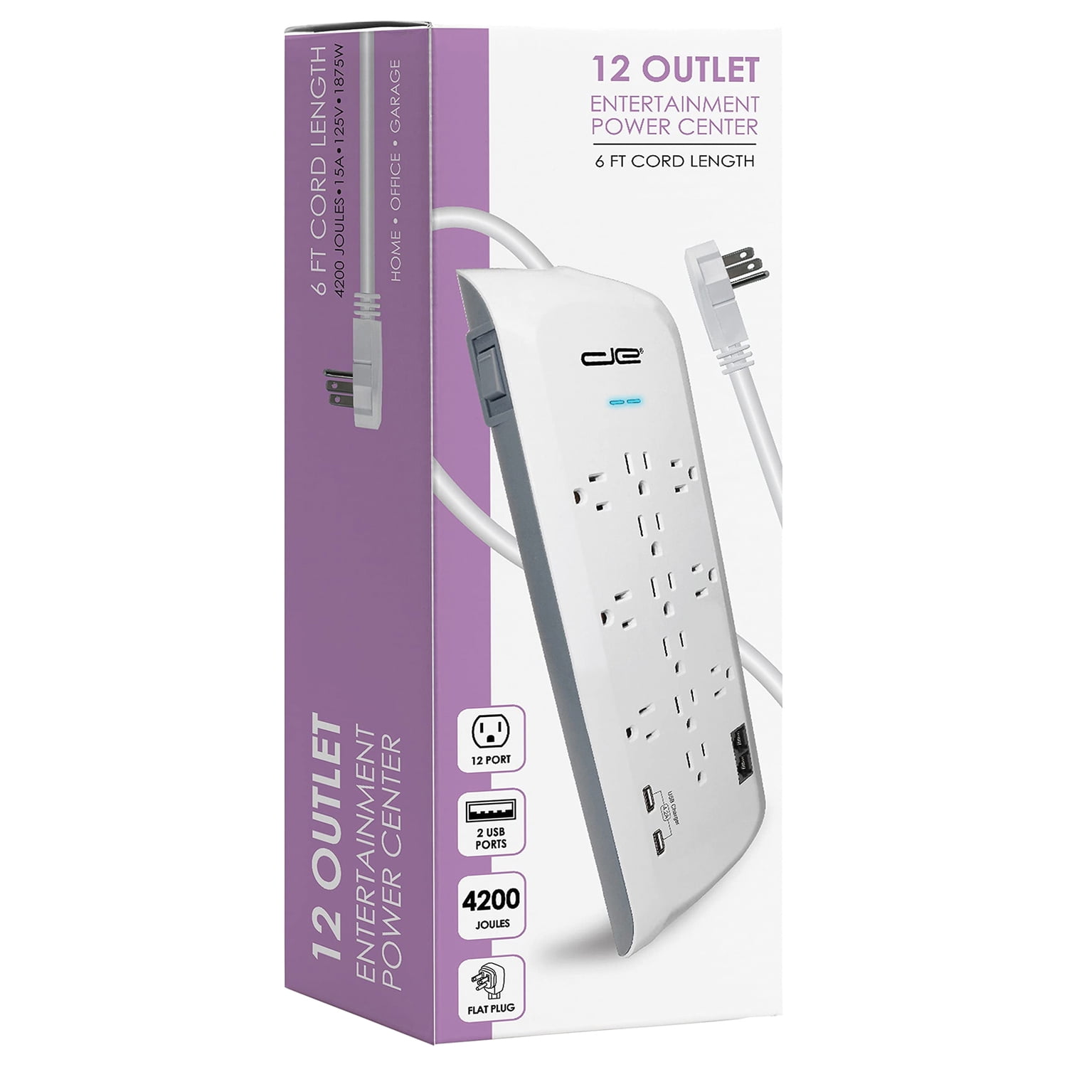 Digital Energy World 12-Outlet Surge Protector Power Strip with 2 USB Ports [White, 6-Foot Cord] (dee1-1122)