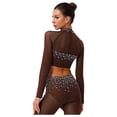 thumbnail image 4 of Sholeno Womens Glittery Rhinestone Dance Crop Tops Mesh Long Sleeve Pullover Cropped Shirt Dancewear Umber M, 4 of 5