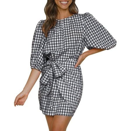 

Ersazi Women Long Sleeve Round-Neck Dress Fashion Women Dresses Summer Printing Casual 1/2 Sleeve Vacation Beach Mini Dress Maternity Dress for Wedding Guest Plaid Print Round Neck/Sleeves Tie Dress