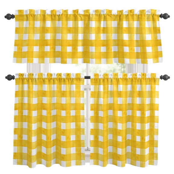 Yellow Plaid Kitchen Curtains Sets for Windows 36 Inch Length, Watercolor Grid Checker Gingham Farmhouse Rod Pocket Window Treatments Tier Curtains and Valances Set for Bedroom/Bathroom