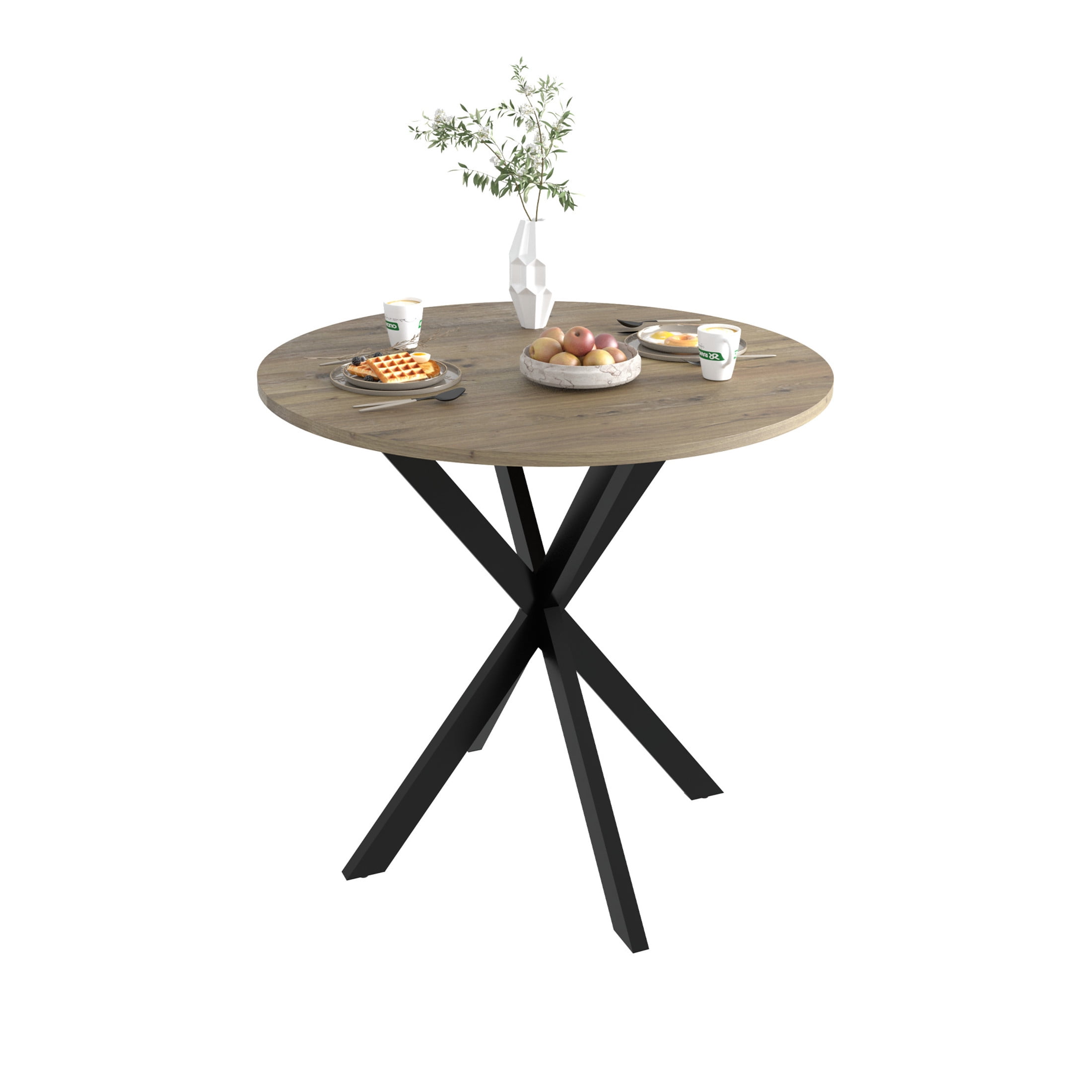 Noble House Prevale 31.5" Round Dining Table for 2–4, Small Modern Wooden Kitchen Table with Black Metal Legs, Brown