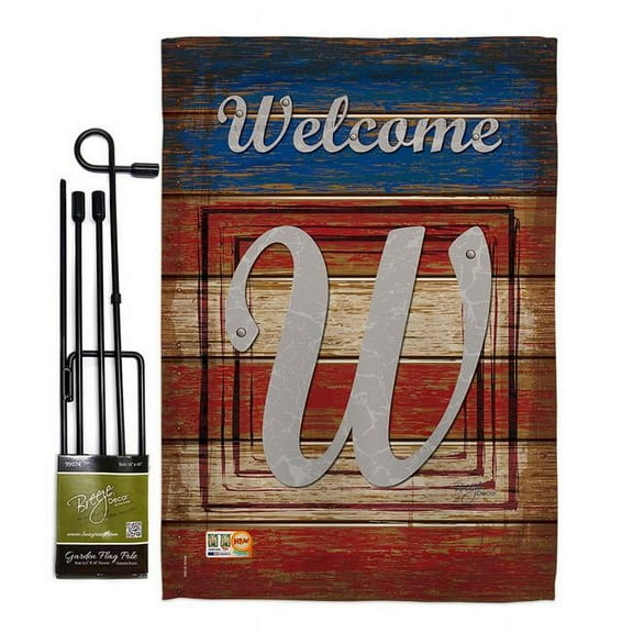 Breeze Decor BD-PA-GS-130127-IP-BO-D-US14-BD 13 x 18.5 in. Patriotic W Initial Americana Impressions Decorative Vertical Double Sided Garden Flag Set with Banner Pole