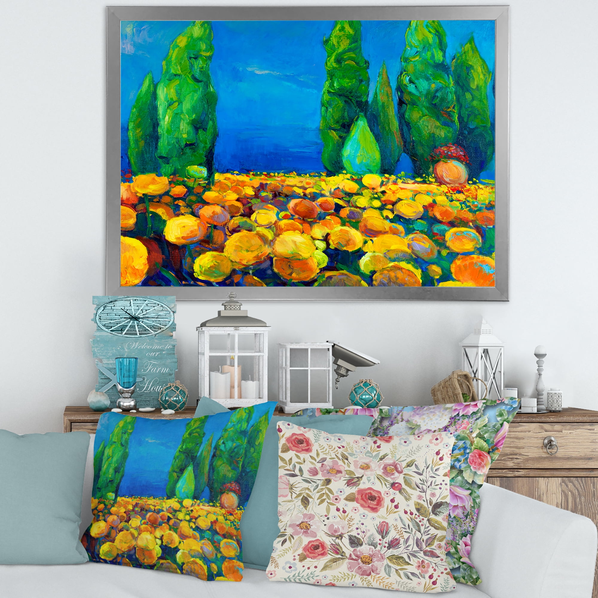 Designart 'Yellow Blossoming Flowers Landscape With Green Trees' Traditional Framed Art Print