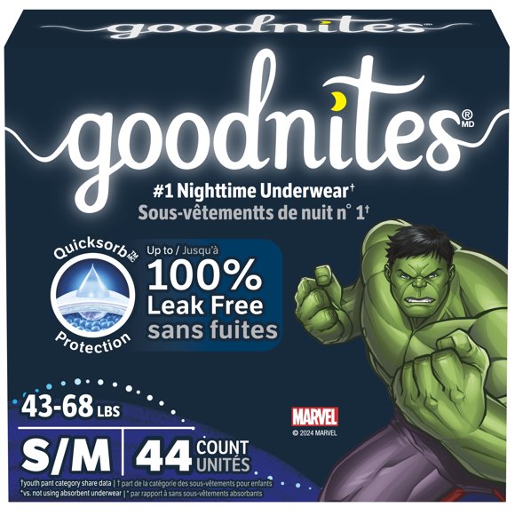 Goodnites Boys' Nighttime Bedwetting Underwear, Size S/M (43-68 lbs), 44 Ct