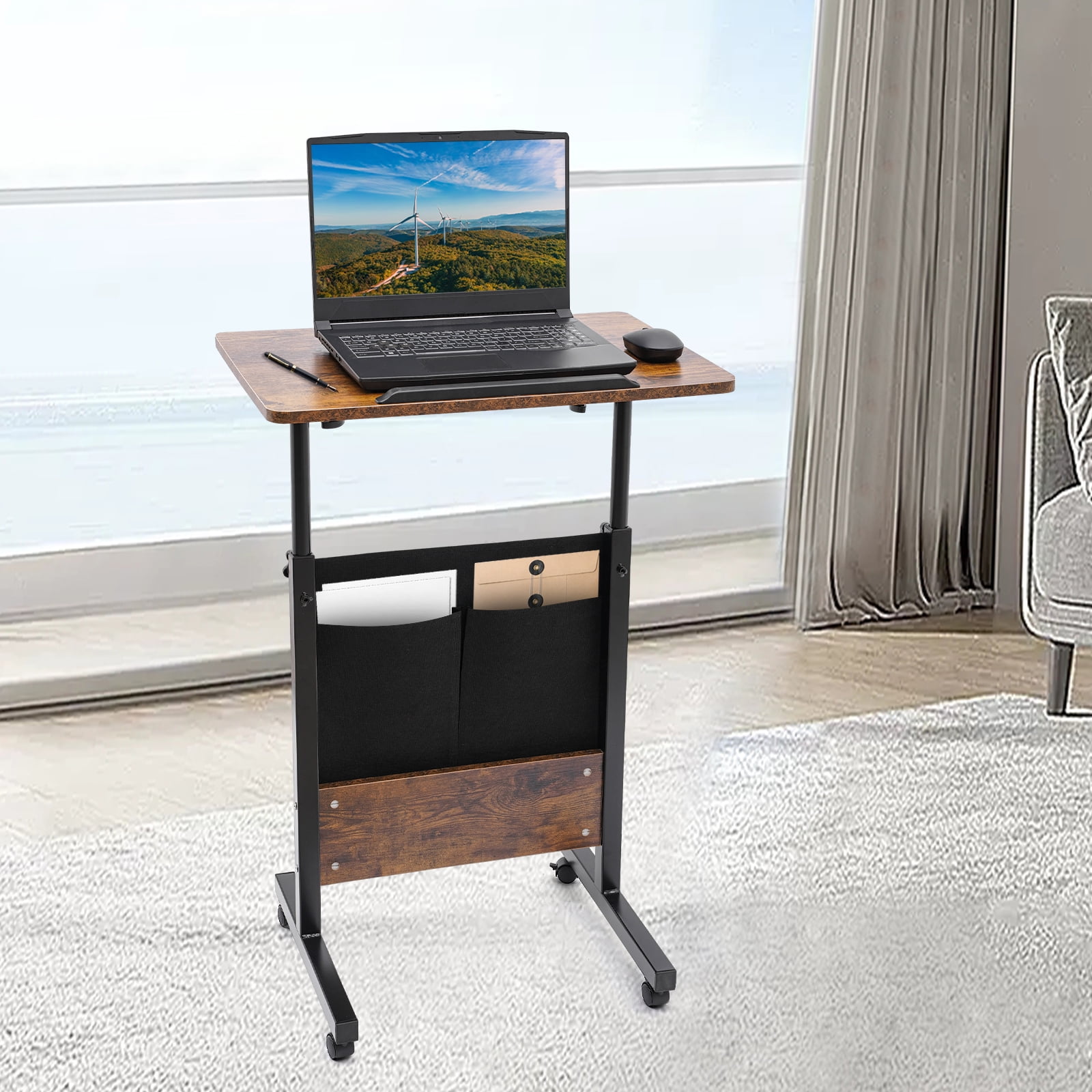 YIYIBYUS Height Adjustable Foot Pedal Rolling Desk Mobile Standing Desk with 4 Universal Wheels with Brakes Adjustable Rolling Desk Large Capacity for Offices, Classrooms, Homes Brown