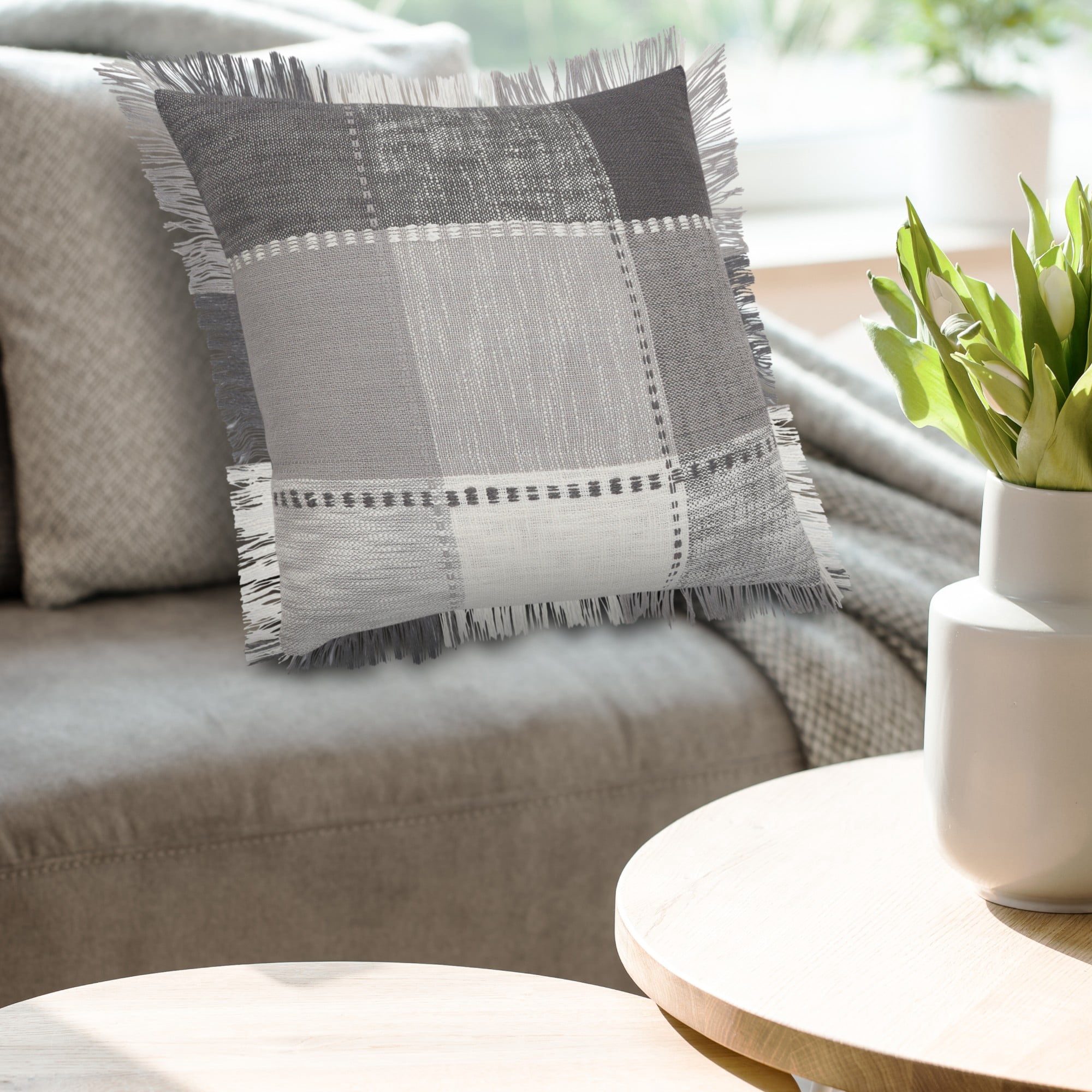 Laddha Home Designs Loomed Plaid Patchwork Cotton Throw Pillow Cover - 20" - Gray and White