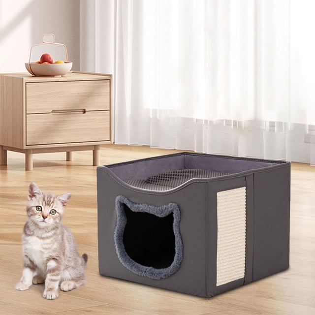 Cama de gato para gatos interiores escondite moderno antiinterráneo con cubo de almohadilla de rasguño semi completamente cerrada nido plegable cueva Gris