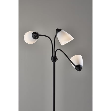 Mainstays 3 Head Adjustable Floor Lamp, Black with White Plastic Shades, Classic, Young Adult, Adult use.
