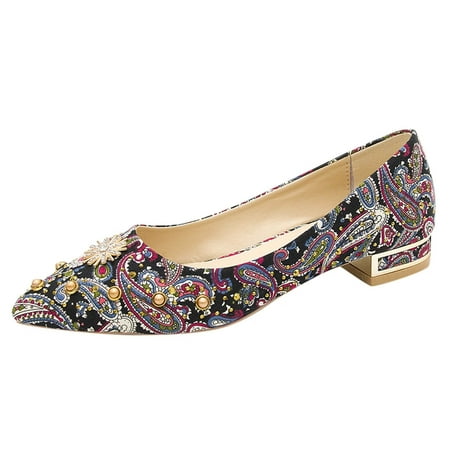 

Mackneog Summer And Autumn Women Pumps Low Heeled Flat Pointed Toe Pearl Rhinestone Colorful Print Gift on Clearance