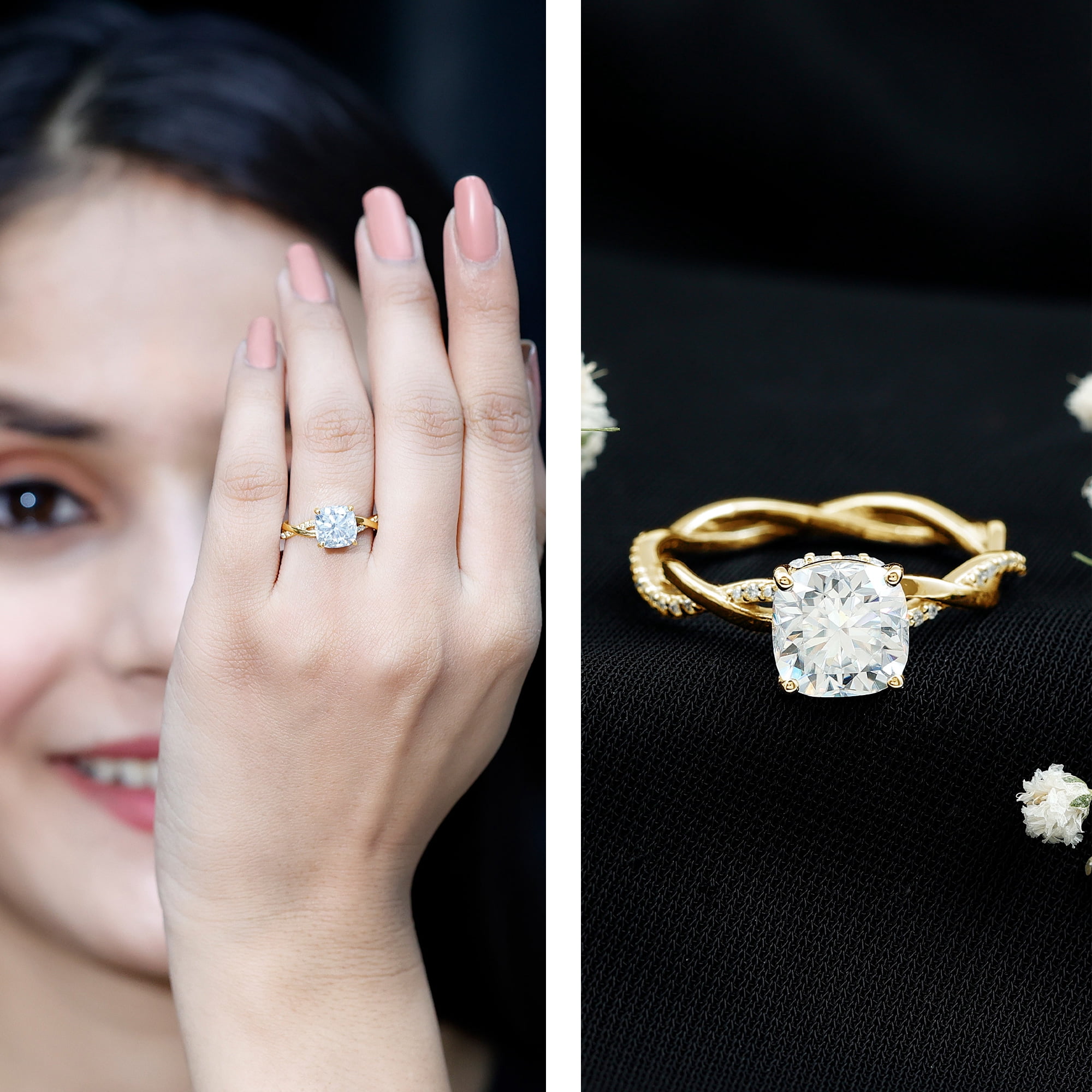 Rosec Jewels Moissanite Solitaire Engagement Ring Cushion Cut - Designer Ring for Women - 8 mm - 3 Carat - D-VS1 Quality, 14K Yellow Gold, US 6.50