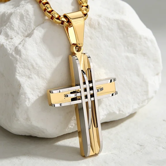 14K Yellow Gold Intertwined Cross Pendant Necklace Dual Tone Christian Jewelry Gift