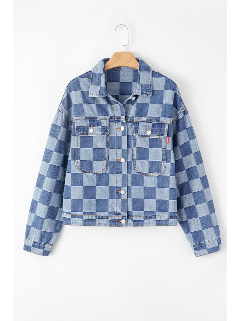 Unique Two-Tone Checkered Denim Jacket - Light Blue - Walmart.com