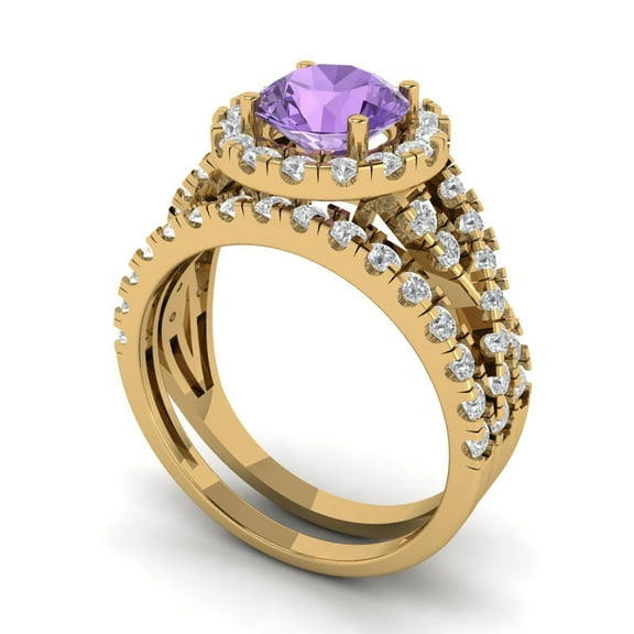 Clara Pucci 18K Yellow Gold Round Cut 1Ct Simulated Alexandrite Engagement Ring Matching Band - Luxury Box Included
