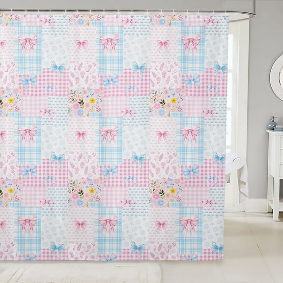 Manfei Pink Kawaii Flowers Shower Curtain 72Wx72L,Cute Coquette Bowtie Bathroom Curtain