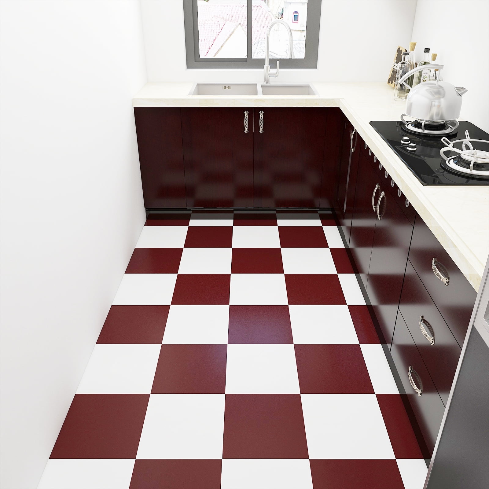 Abyssaly 12" x 12" Peel and Stick Floor Tile Red Checkerboard, 20Pcs, Waterproof Self-Adhensive Vinyl Flooring for Diningroom Bathroom and Kitchen (Red and White)