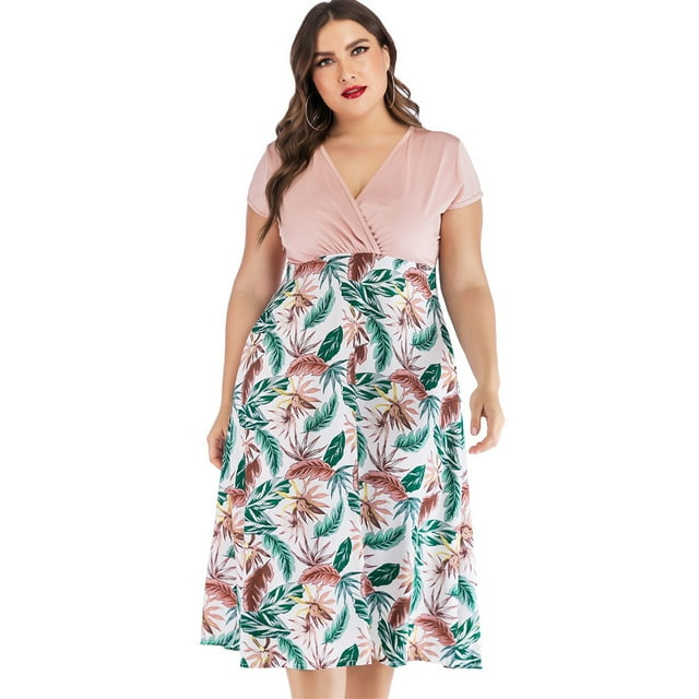 EQWLJWE Robes pour Femmes Tunique d'Été Décontractée Grande Taille Imprimée Col en V Manches Courtes Jupe Longueur Genou Robe de Plage
