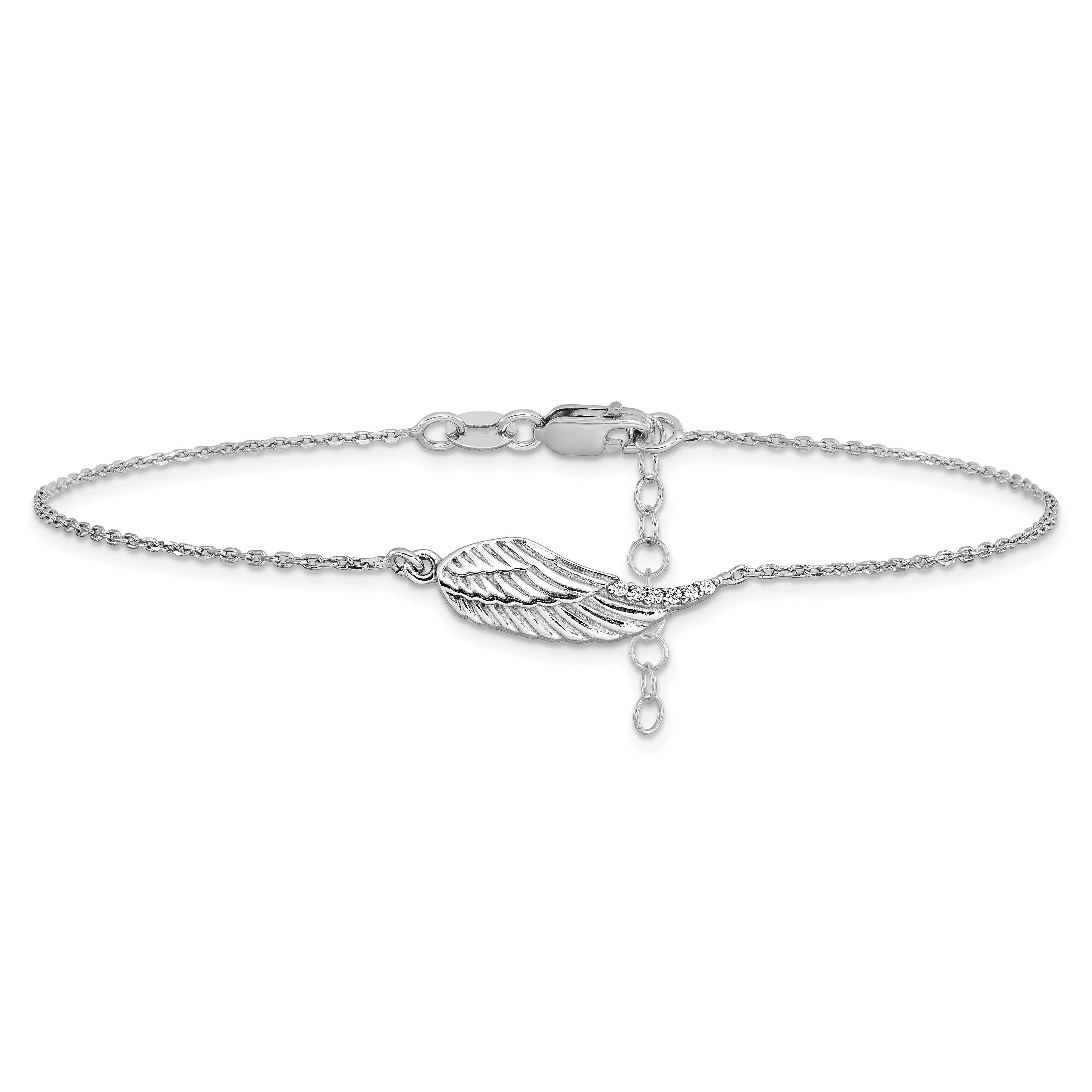 Sterling Silver Rhodium-Plated CZ Angel Wing 9in. Plus 1in. Extension Anklet