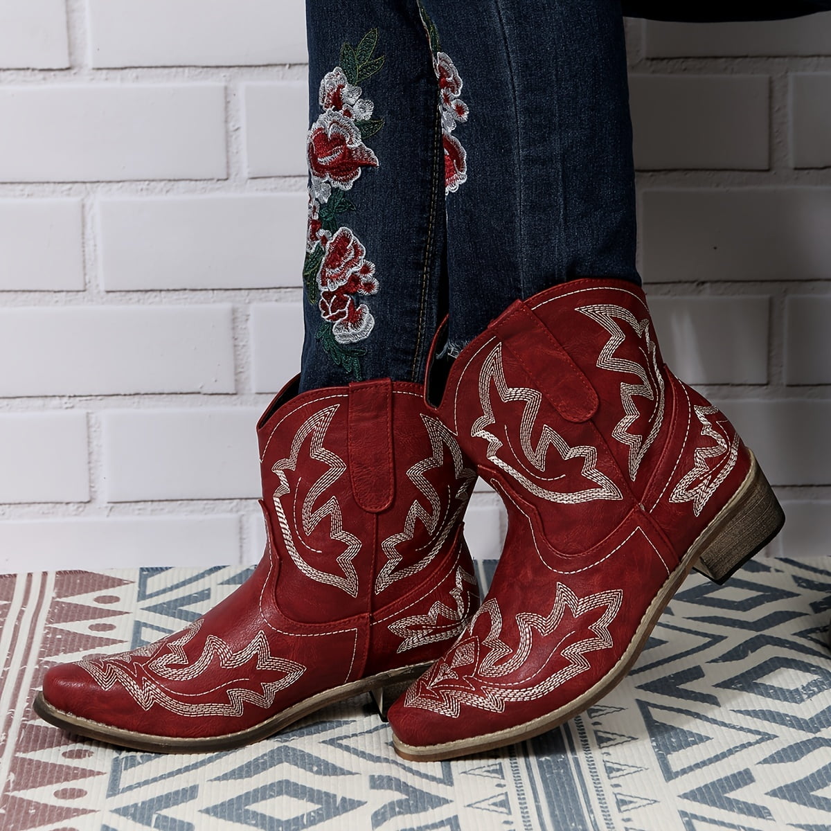 Women s V cut Western Short Boots Low Chunky Heel Pointed Toe Shoes Solid Color Cowgirl Shoes Walmart