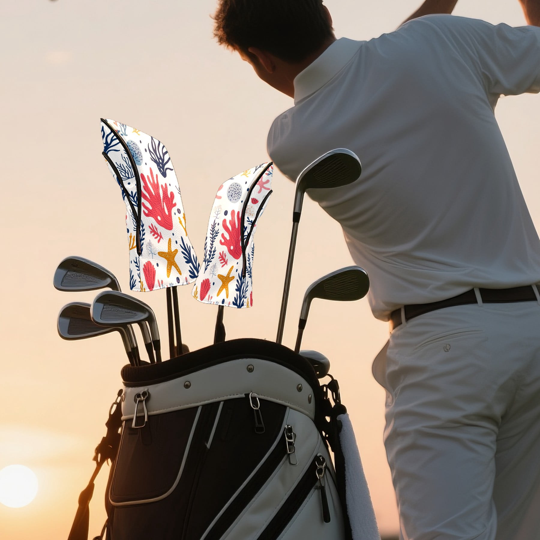 Golf Club Covers PU Leather Waterproof Head Covers for Fairway Woods Hybrids Graffiti Coral Reef