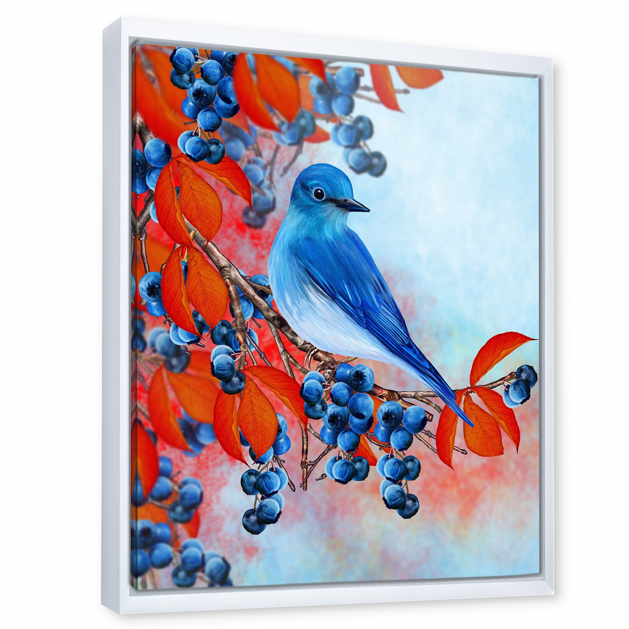 Designart 'Bright Bird Bullfinch Sitting On A Branch of Berries III' Traditional Framed Canvas Wall Art Print