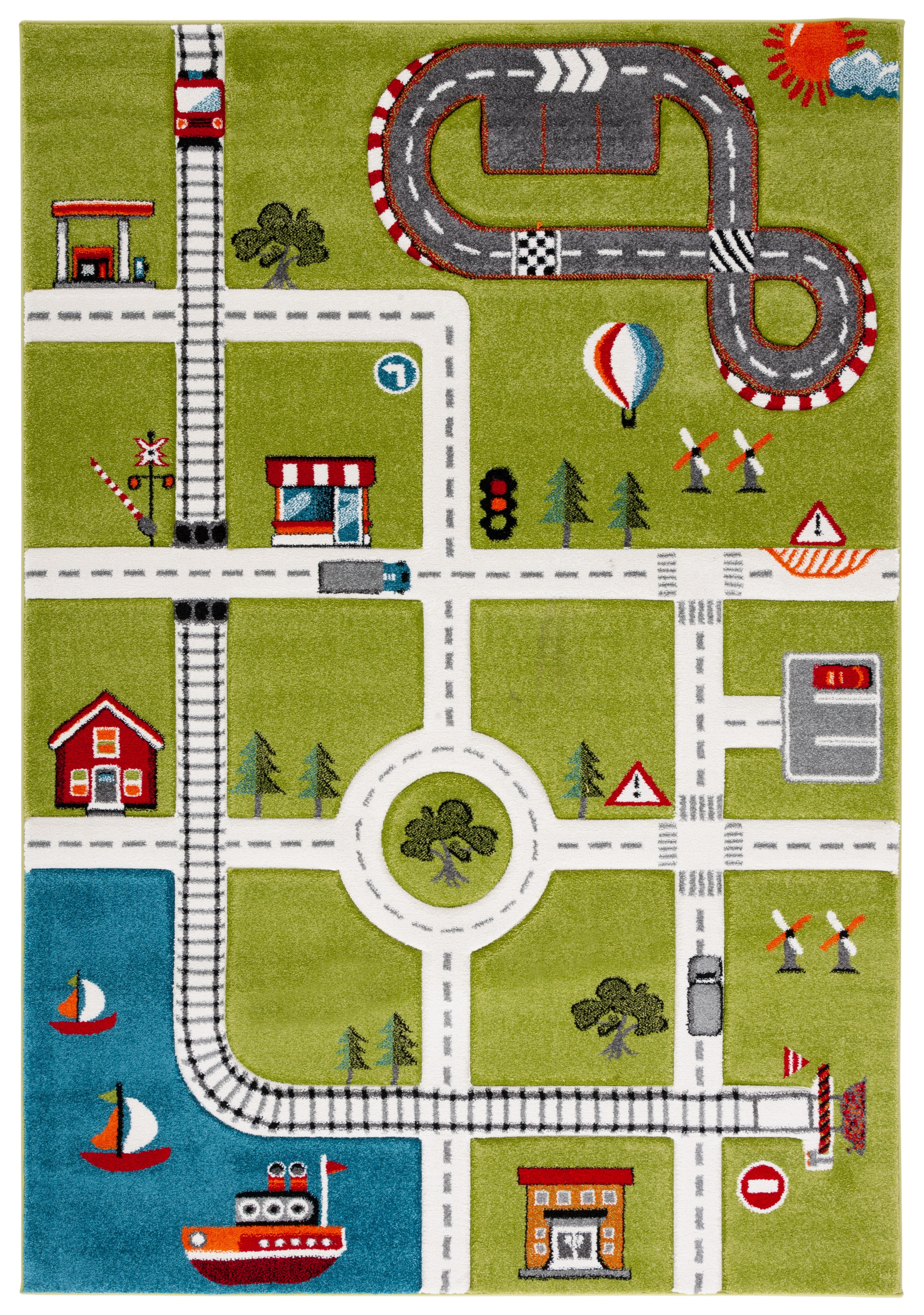 SAFAVIEH Carousel Kids Devan Train Track Area Rug, Green/Ivory, 5'3" x 7'6"
