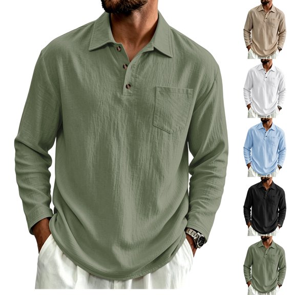 Linen Polo Shirt for Men, Long Sleeve Button Down Collared Lightweight Solid Color Top, Fall Loose Fit Casual Blouse with Chest Pocket Khaki XL