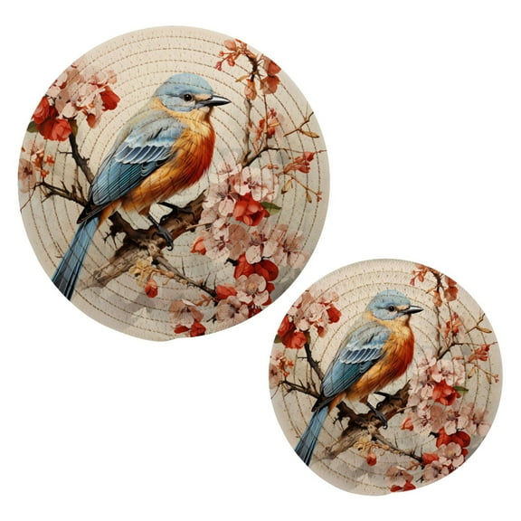Bird on Flowers Trees Pot Holders Set Trivets Hot Pads Cotton Mats for Cooking