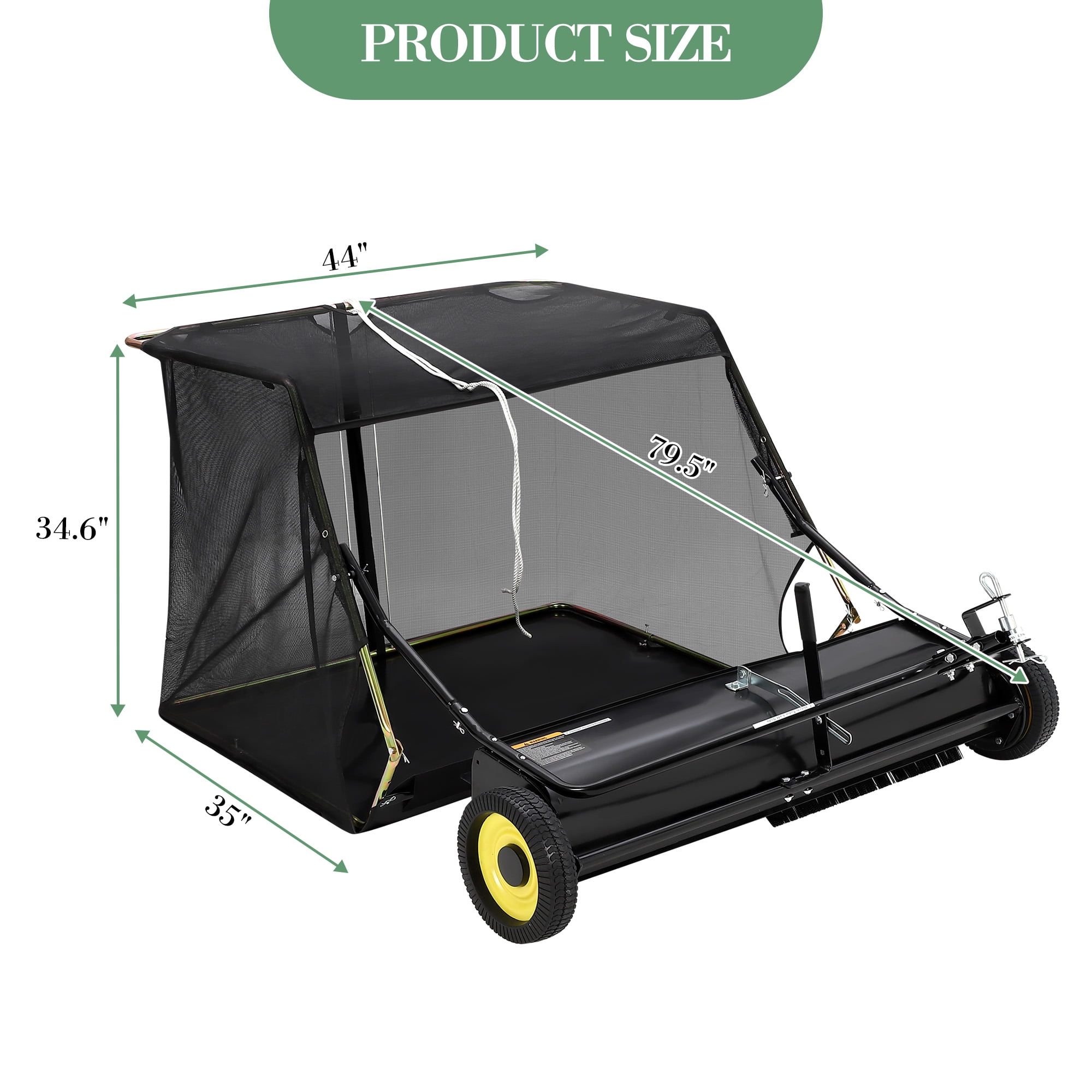 44-Inch ATV Lawn Sweeper, Easy-Empty Hopper with 4 Nylon Brushes (10-Inch Diameter), Universal Hitch & Sturdy Wheels, Black