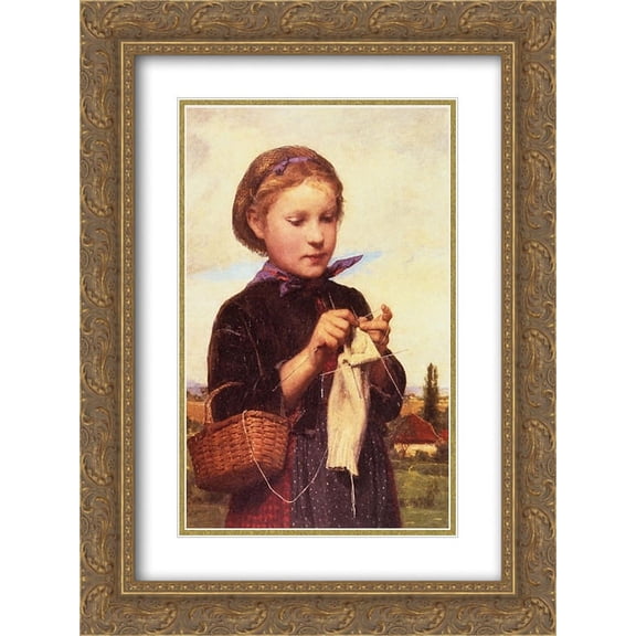 Albert Anker 2x Matted 20x24 Gold Ornate Framed Art Print 'Girl Knitting'