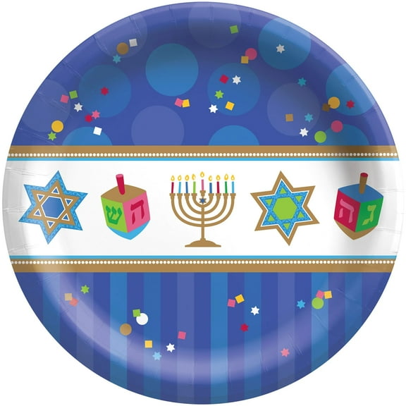 Amscan Hanukkah 6.75 Inch Celebration Paper Plates 8 Ct Disposable Blue and White Round Plates for Holiday