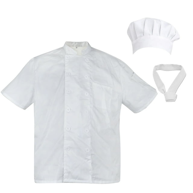 TopTie Unisex Short Sleeve Cooking Chef Coat Jacket & Hat & Bandana Set-White-XXL