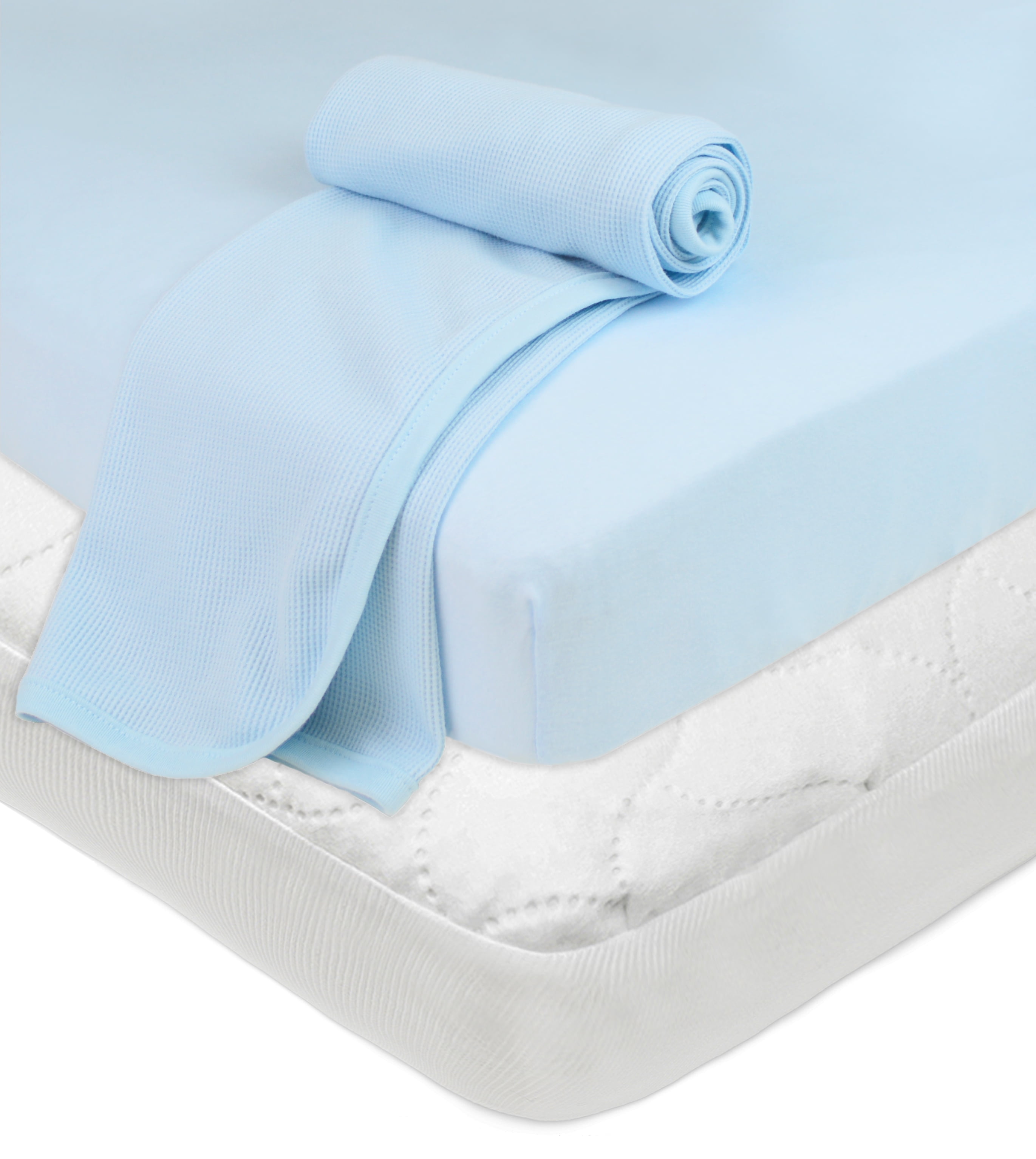 TL Care Porta MiniCrib Bundle Mattress Pad, Fitted Sheet, Thermal Blanket, Blue