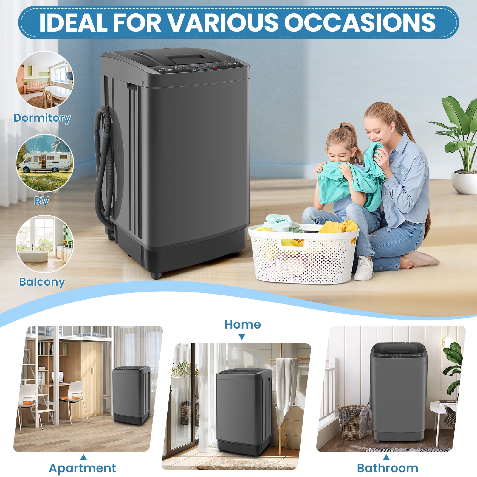 Veeboto 17.8LBS Portable Washing Machine, Fully Automatic Compact Washer, 10 Wash Programs Washer with Drain Pump, Faucet Adapter, Ideal for Apartments, Home, Dorm