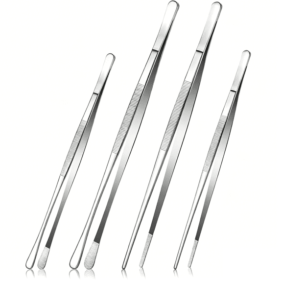 HKquanlin 4 pcs 9.8 in & 11.8 in silver stainless steel kitchen tweezers tongs, straight and round tips for grilling cooking plating