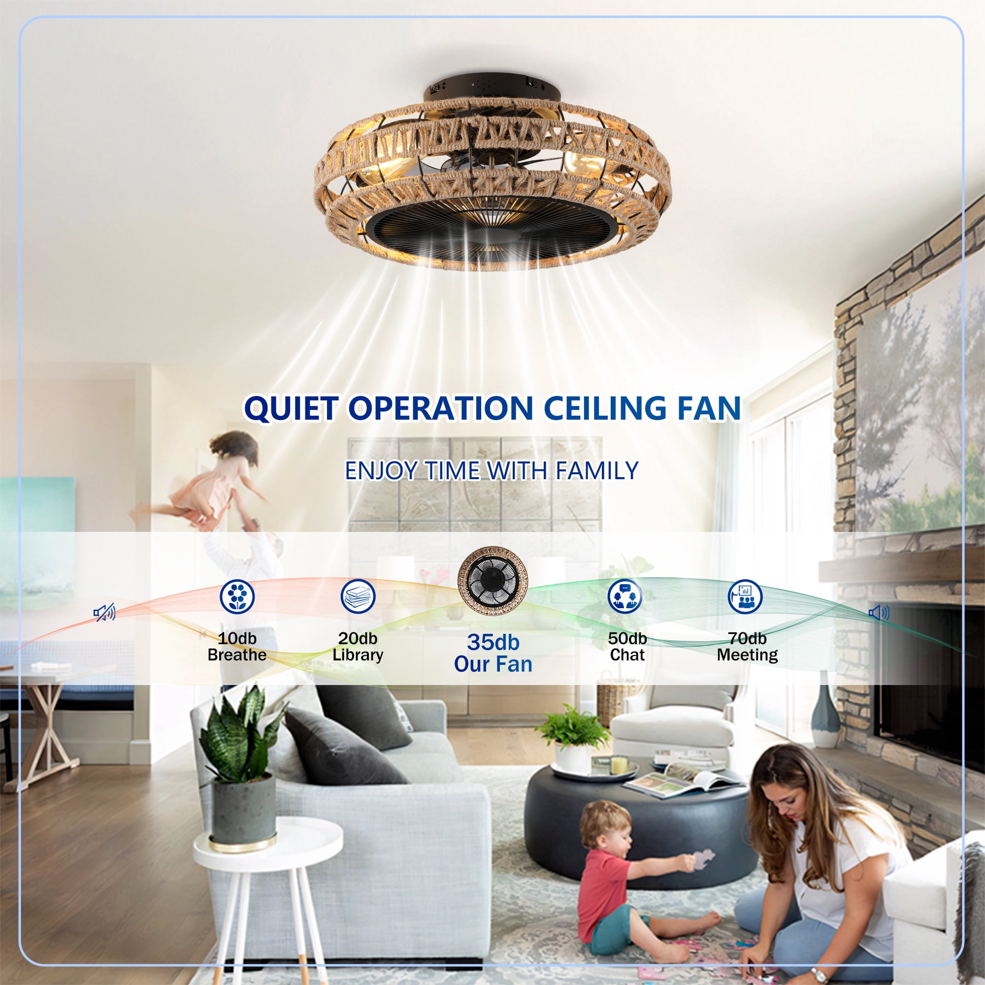 Leumius 20" Vintage Rope Fan Light with Light and Remote Control 6 Speed Adjustable Airflow Ceiling Fan for Living Room Bedroom Kitchen (NOT Included Bulbs)
