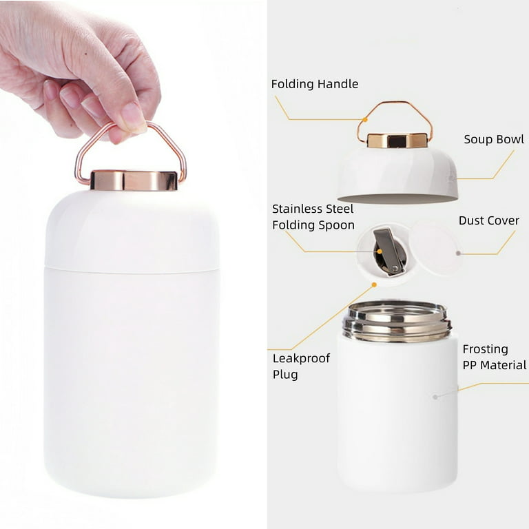 Thermos for Hot Food,Thermos Water Bottle,Thermos Stainless Steel,Vacuum  Insulated Food Jar for Hot and Cold with Handle and Folding Spoon (White)