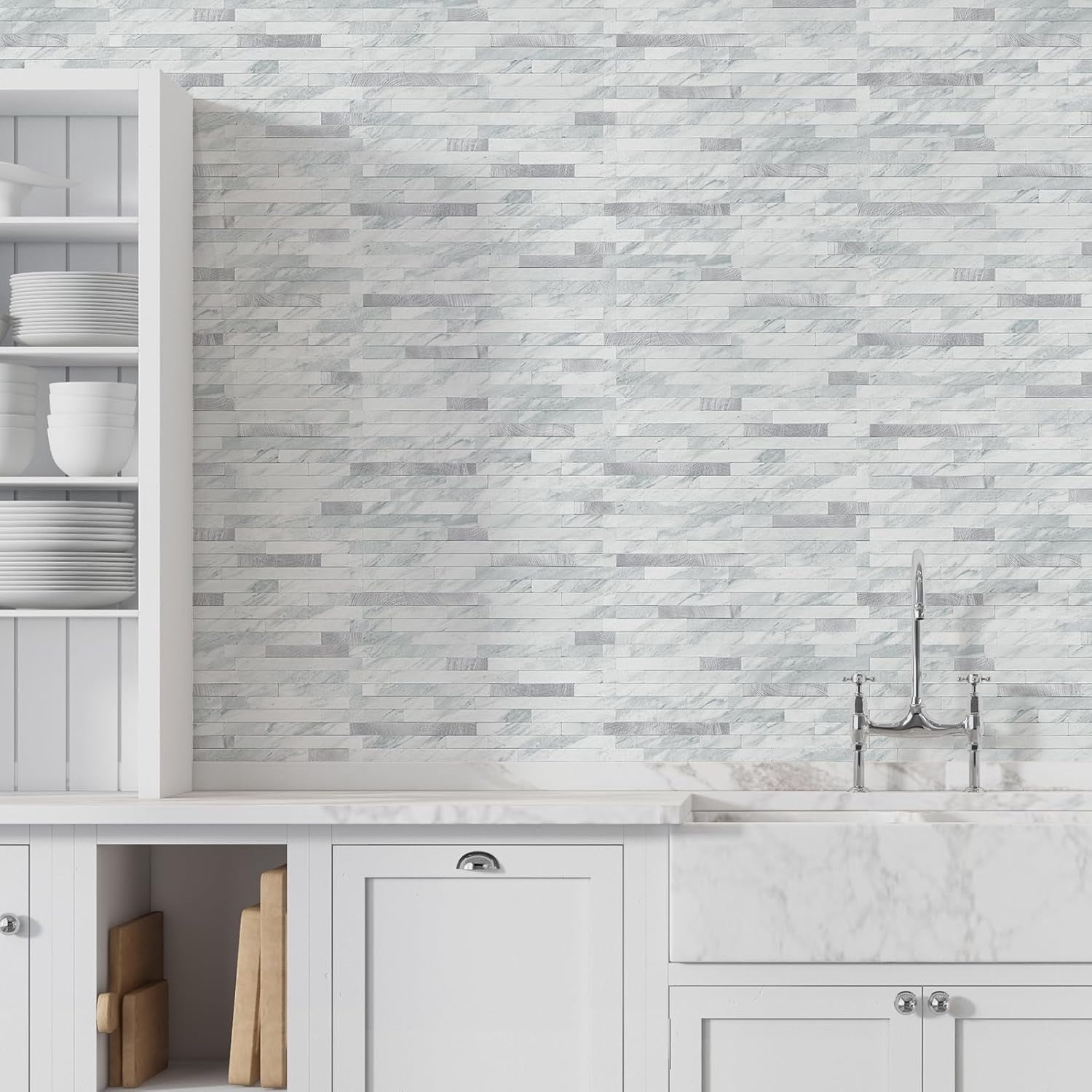 20 Sheets Peel and Stick Backsplash Tile, Stick on Backsplash for Kitchen and Bathroom, White Look PVC Mixed Metal Silver Self Adhesive Wall Tiles