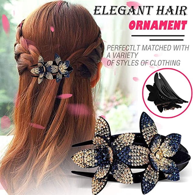 Pinza para el pelo con doble flor y diamantes de imitación para mujer, pinza para el pelo con cristales, pasadores para peinar el cabello, tocado con diamantes de imitación para mujeres y niñas