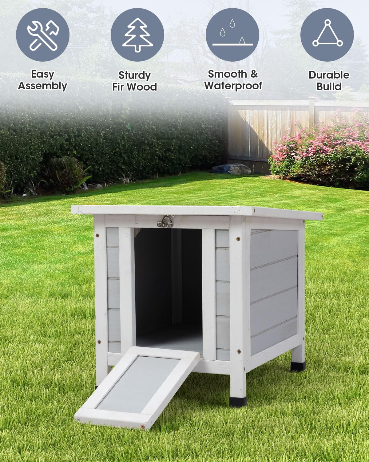 Wooden Outdoor Cat House Weatherproof Rabbit Hutch Bunny Cage Chicken Coop Shelter with Elevated Floor, for Feral Cats Rabbits Guinea Pigs Ducks, Grey