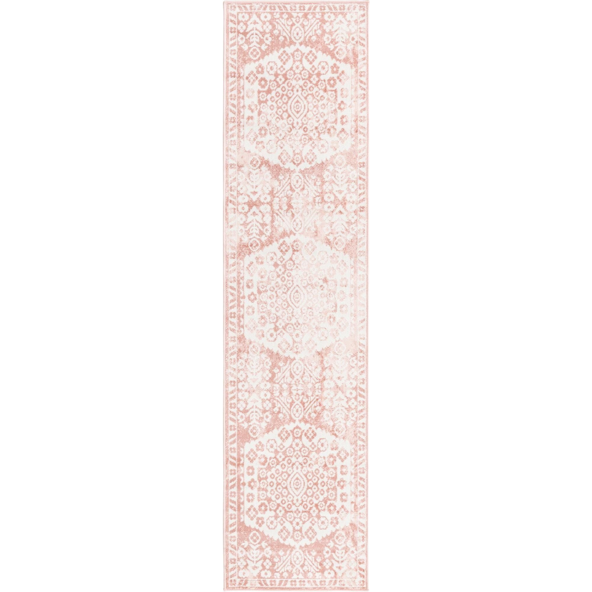 2' x 8' Pink and Ivory Floral with Border Rectangular Rug Runner