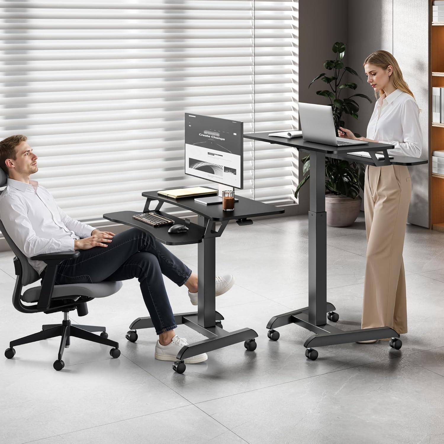 Standing Rolling Desk-Height Adjsutable up to 47.2' Rolling Podium for Teachers, 31.2'× 27.5' Dual Tier Sanding Desk for Classroom, Moveable Laptop Cart, Teacher Podium with Wheels, Black