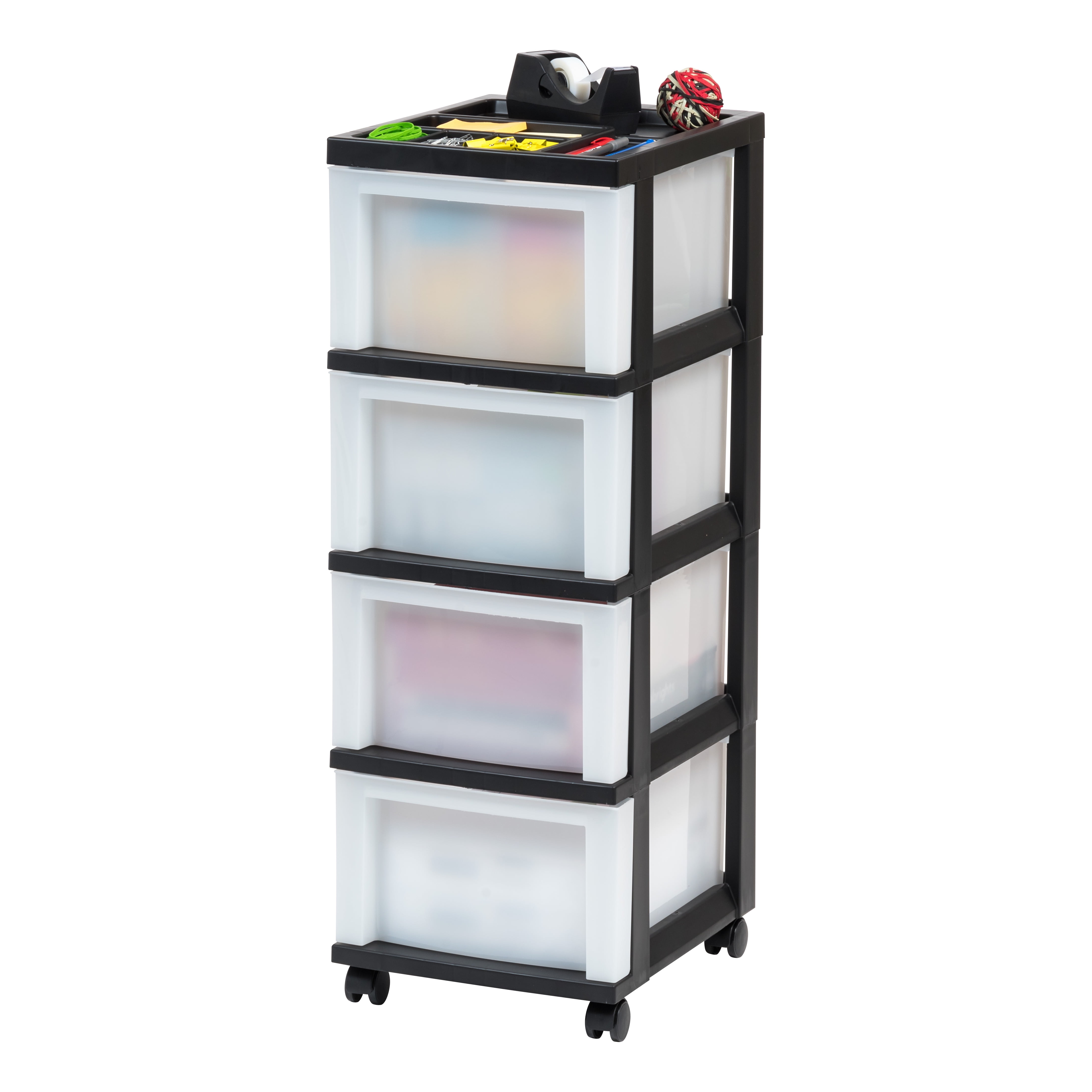 IRIS 4-Drawer Narrow Plastic Storage Drawer Cart with Organizer Top, Black