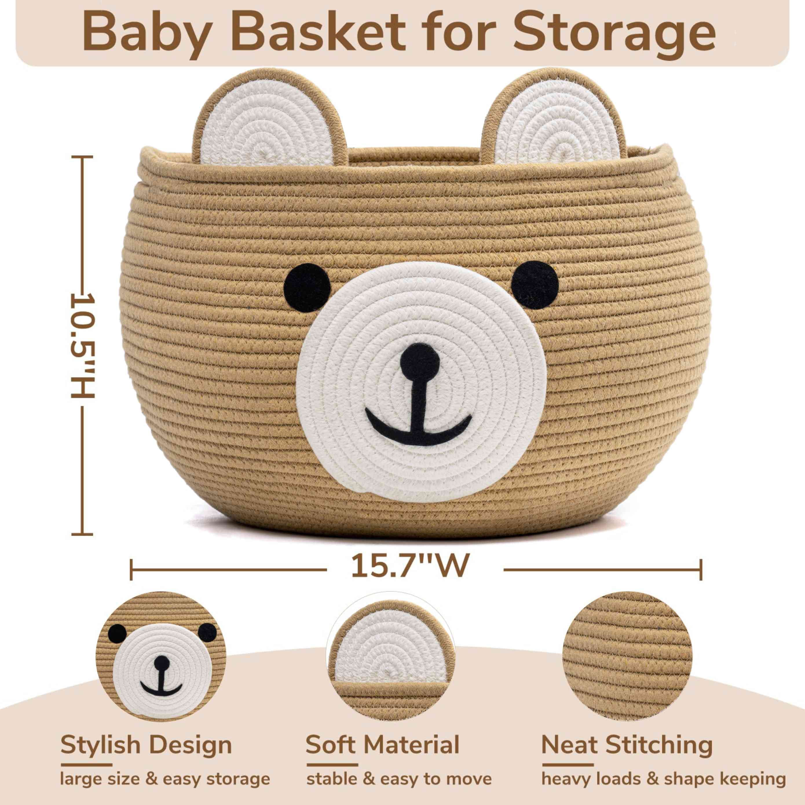 Timeyard Cotton Rope Baby Basket, Animal Basket for Toy Clothes, Cute Bear Design for Storage, Empty Gift Baskets for Kids -Brown,15.7"D x 10.5"H