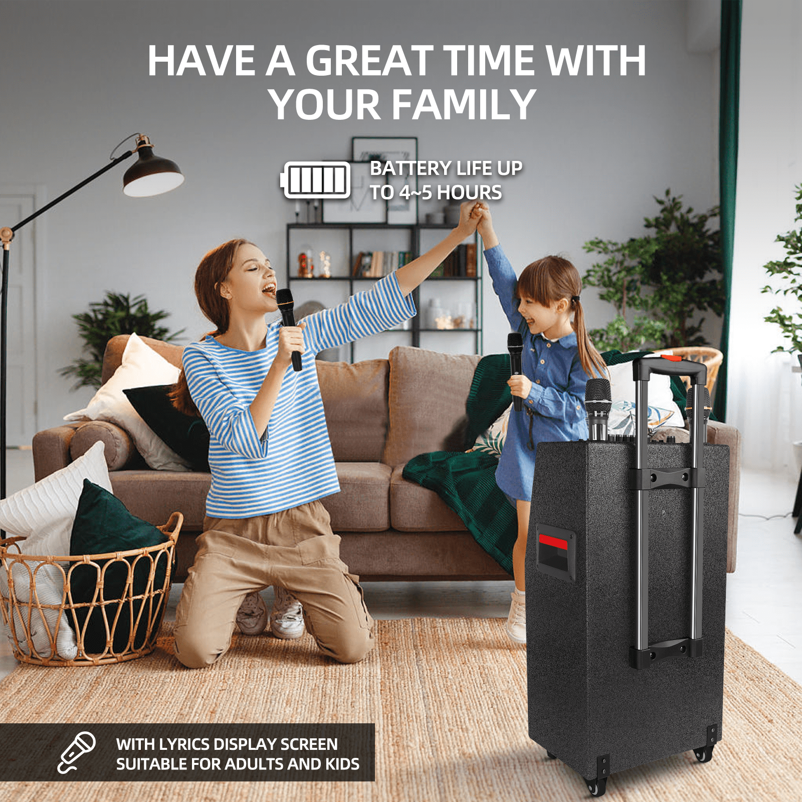 2025 Upgraded Karaoke Machine with Lyrics Display Screen for Adults, All in One with 15 Inches Tablet, Bluetooth Speaker with 2 Wireless Mics, DJ Lights, Portable Karaoke System for Party