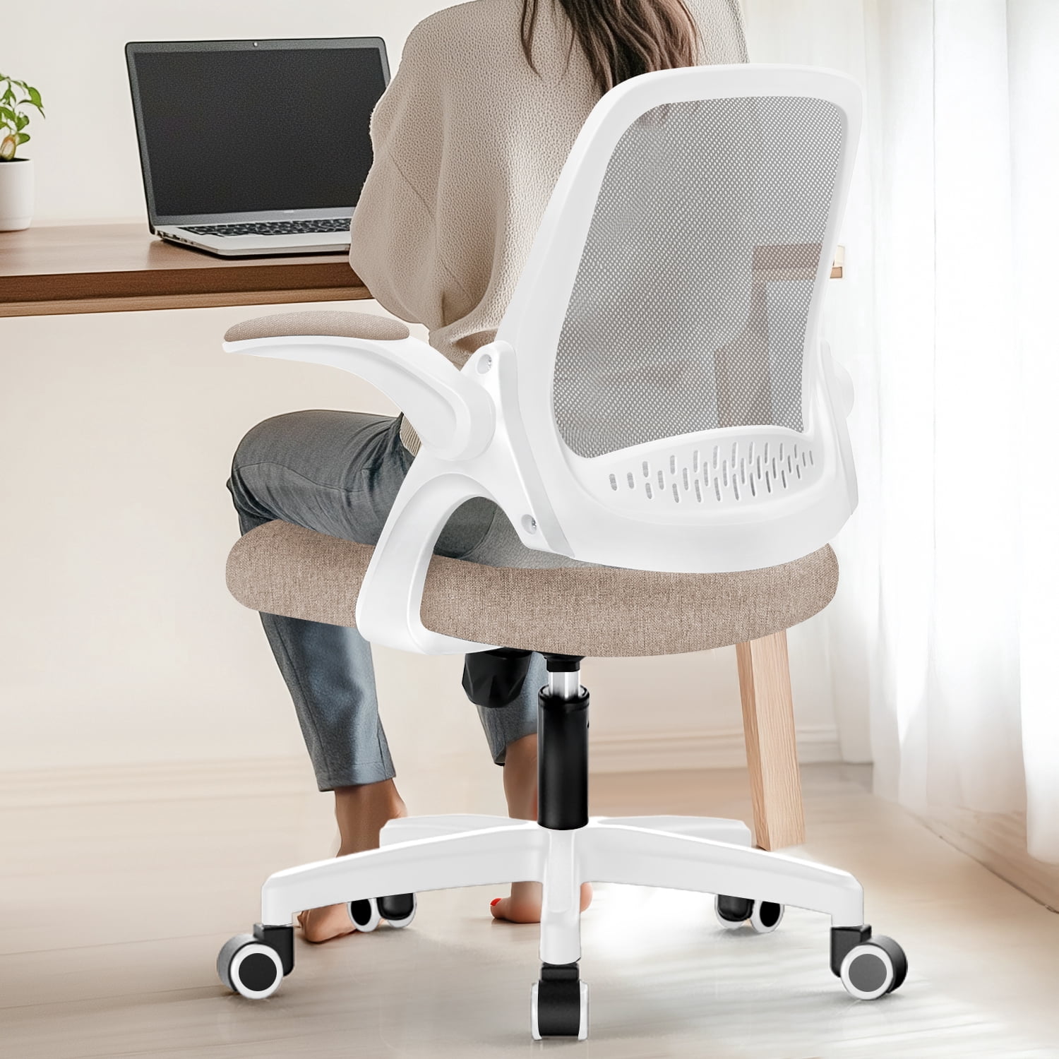 NEO CHAIR Office Desk Gaming Ergonomic Computer Chair with Lumbar Back Support Adjustable Height Swivel Rolling Wheels Flip-up Arms Mesh Chair for Home Vanity (Beige)