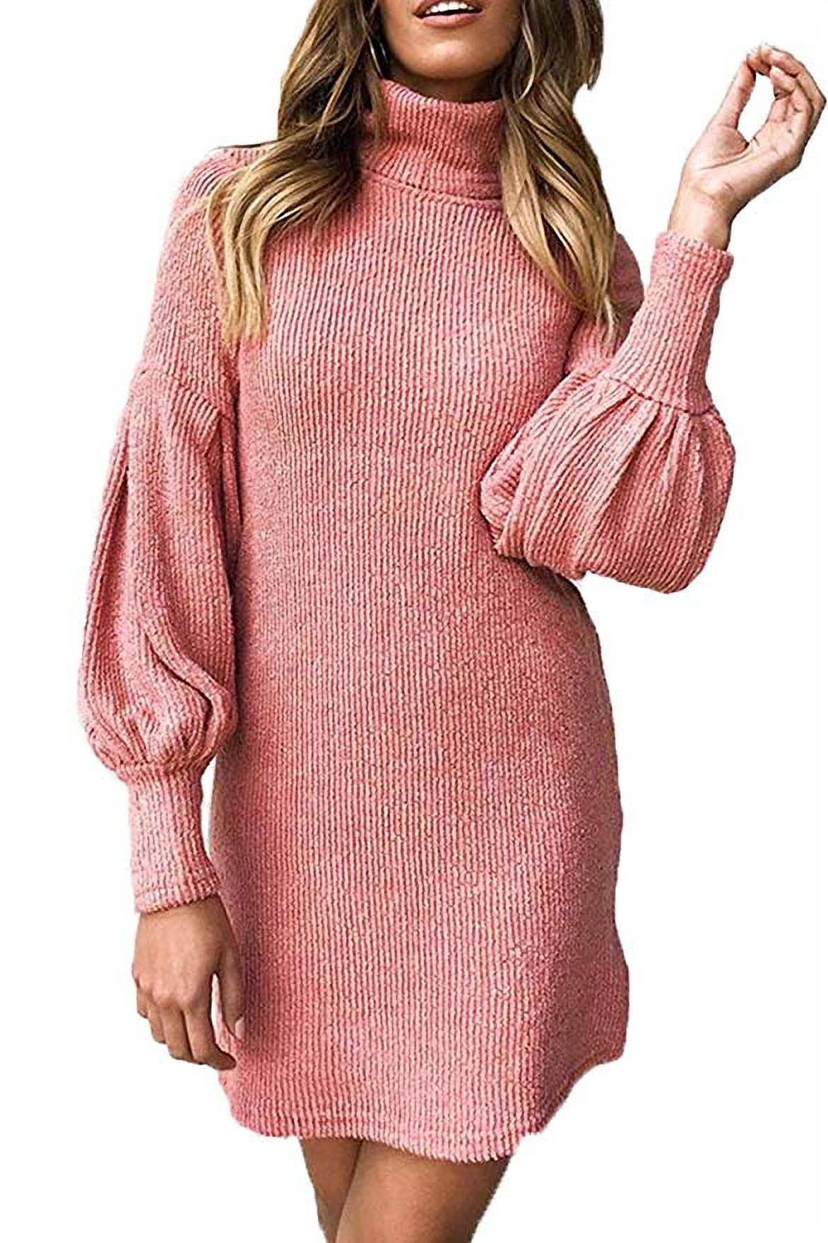 Women Turtleneck Ladies Long Puff Sleeves Casual Winter Sweater Mini Dress
