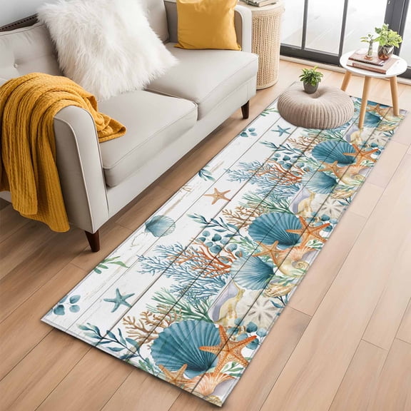 Runner Rug 2'x6', Teal Blue Coastal Washable Non-Slip Hallway Runner Rugs, Summer Beach Starfish Shell Coral Nautical Vintage Bedside Rugs Floor Mats Carpet Runners for Kitchen Bathroom Laundry Room